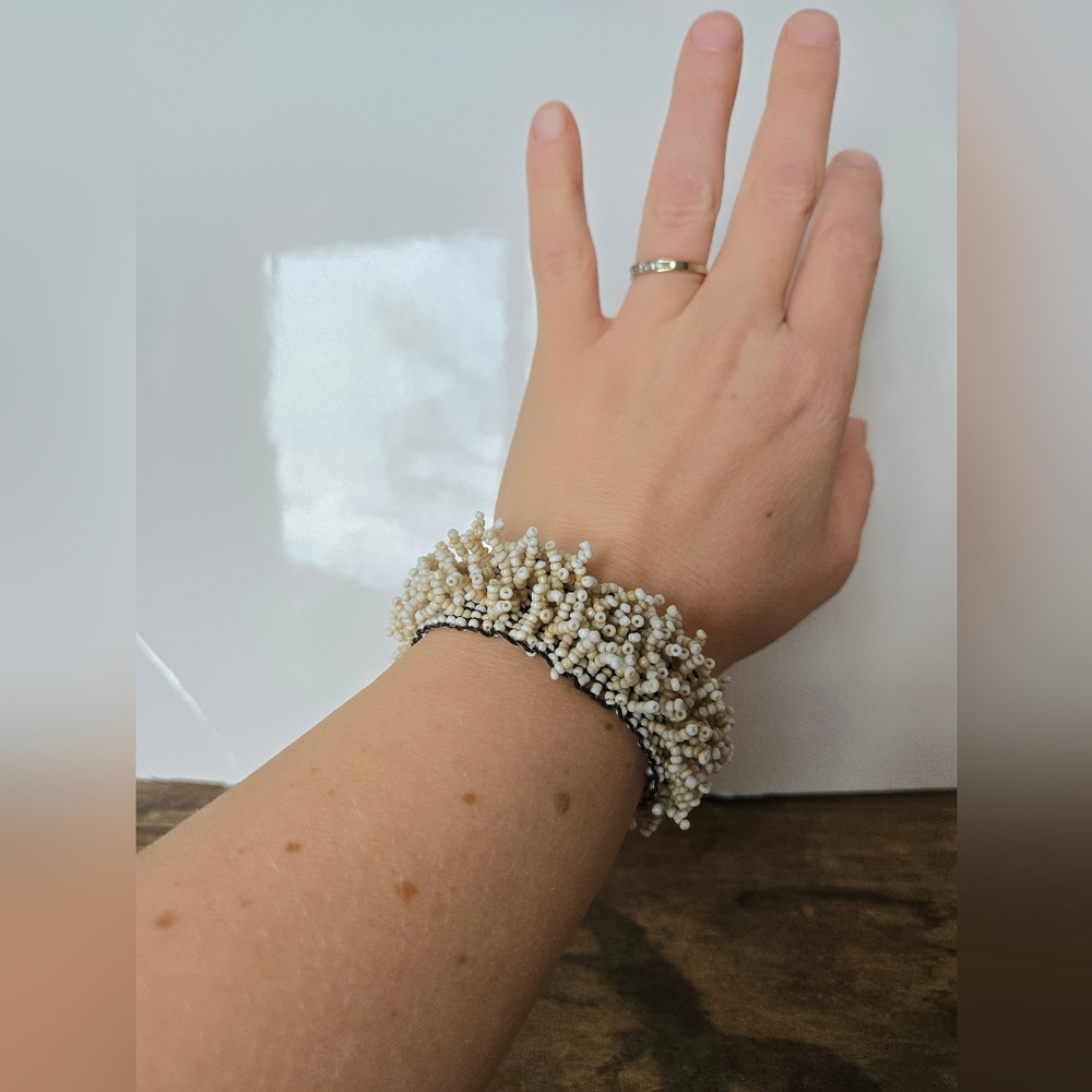 Vintage White Seed Bead Elastic Bracelet Boho Statement Cuff